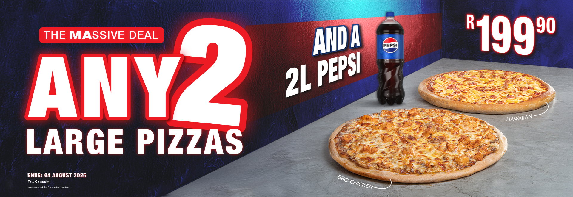 The Roman's Pizza Massive Deal. Get Any 2 Large Pizzas and a 2L Pepsi Product For Only R199.90!